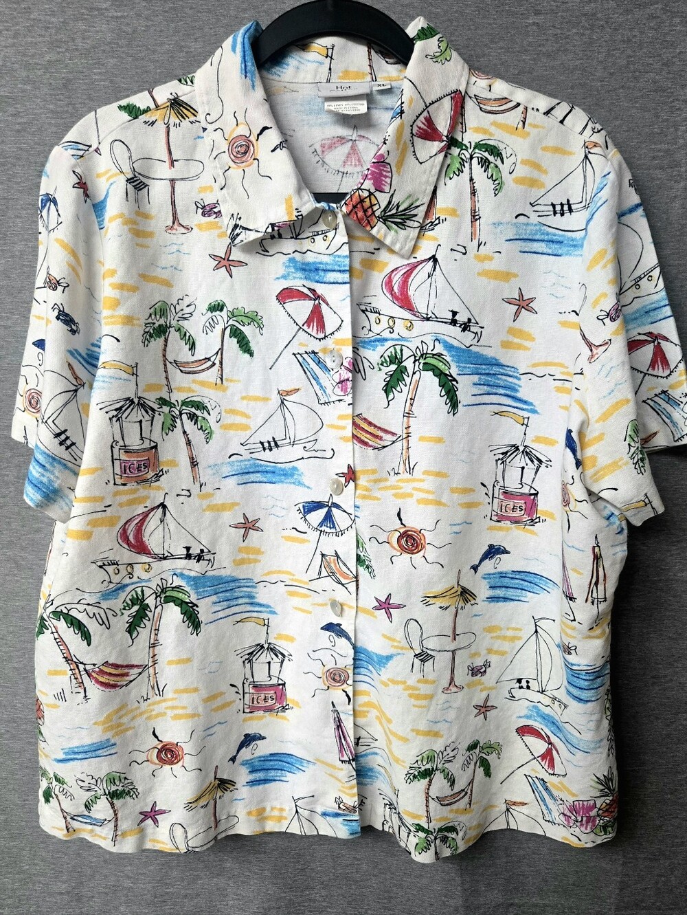 Vintage Hot Cotton Marc Ware Linen Beach Tropical Button Up Shirt XL